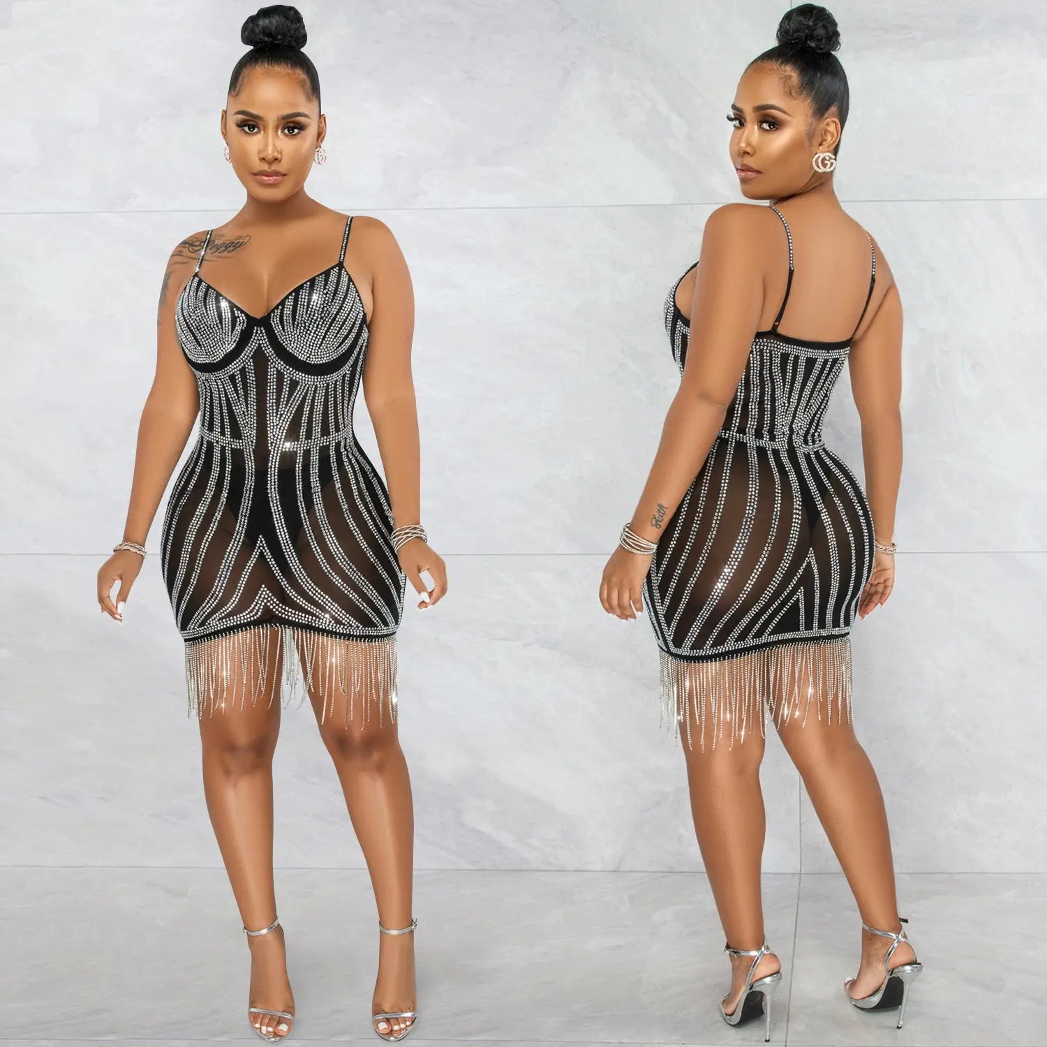 Sexy embellished strapless sleeveless crop top dress with fringe details