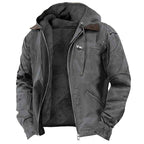 Casual Solid Color Hooded Cotton Jacket with Fleece Lining and Zipper Pockets for Men