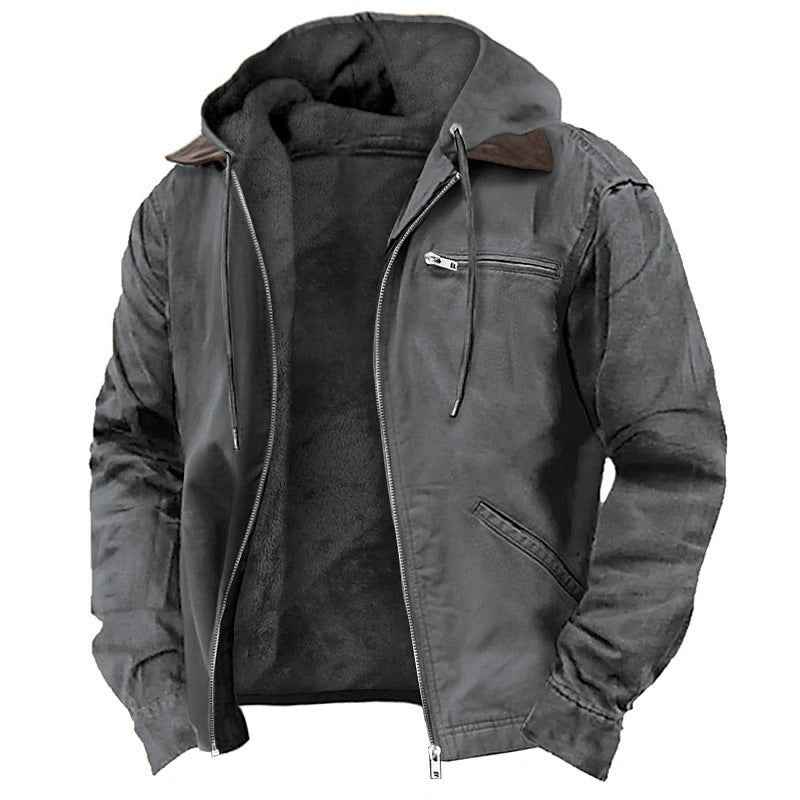 Casual Solid Color Hooded Cotton Jacket with Fleece Lining and Zipper Pockets for Men