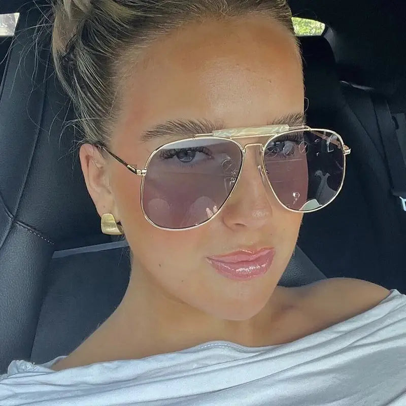 Metal frame pilot sunglasses for women double bridge champagne sun glasses woman luxury square clear oversize shades