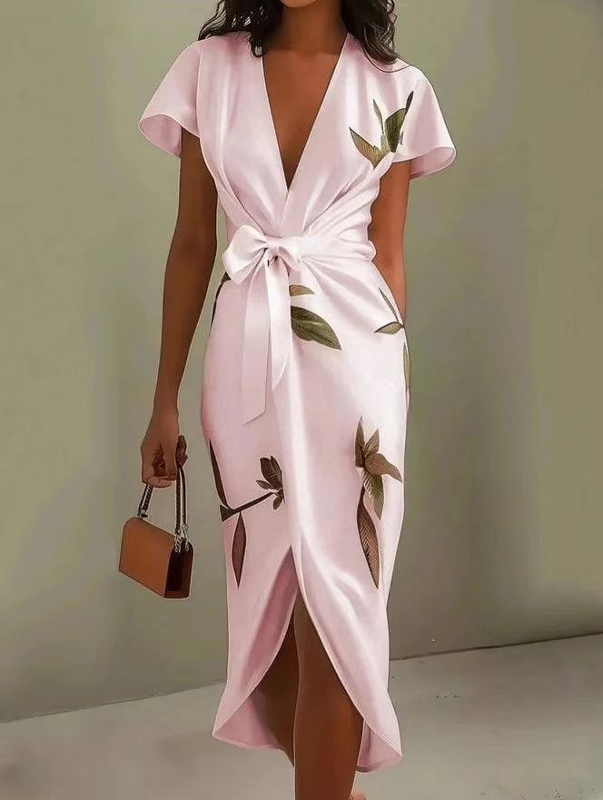 Fashion Satin Printed Belted Dress