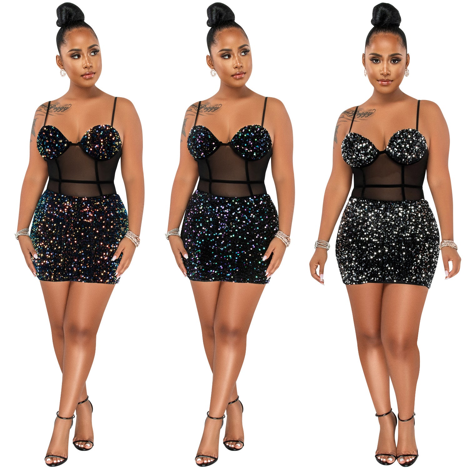 Fashion Sexy Sleeveless Sequin Mesh Sheer Zipper Midi Dress