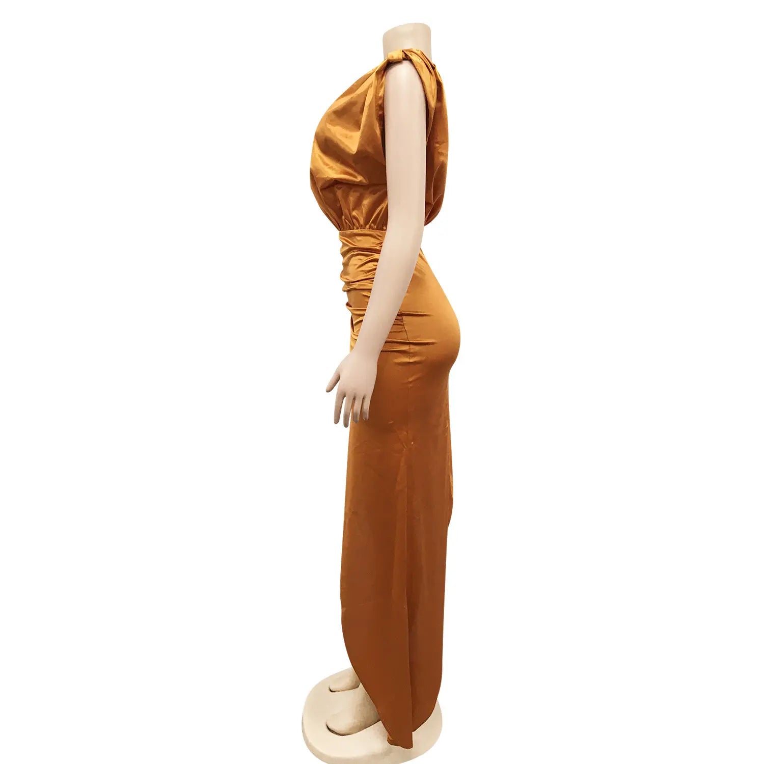 Fashion solid color women’s round neck sleeveless pleated asymmetrical slit long dress
