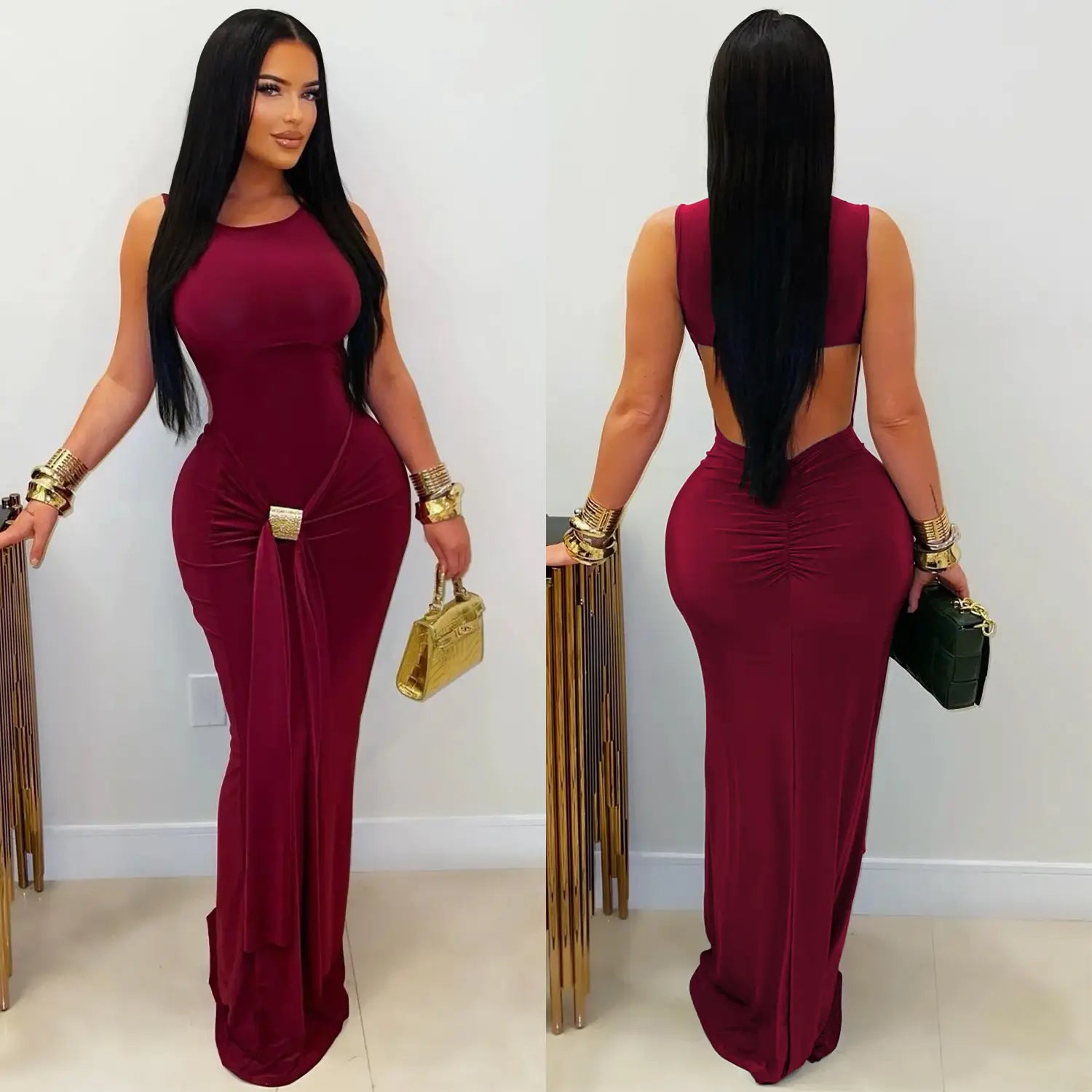 Fashion women’s elegant solid color slim backless dress