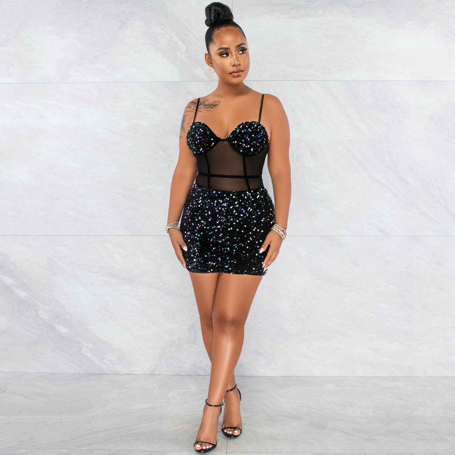 Fashion Sexy Sleeveless Sequin Mesh Sheer Zipper Midi Dress