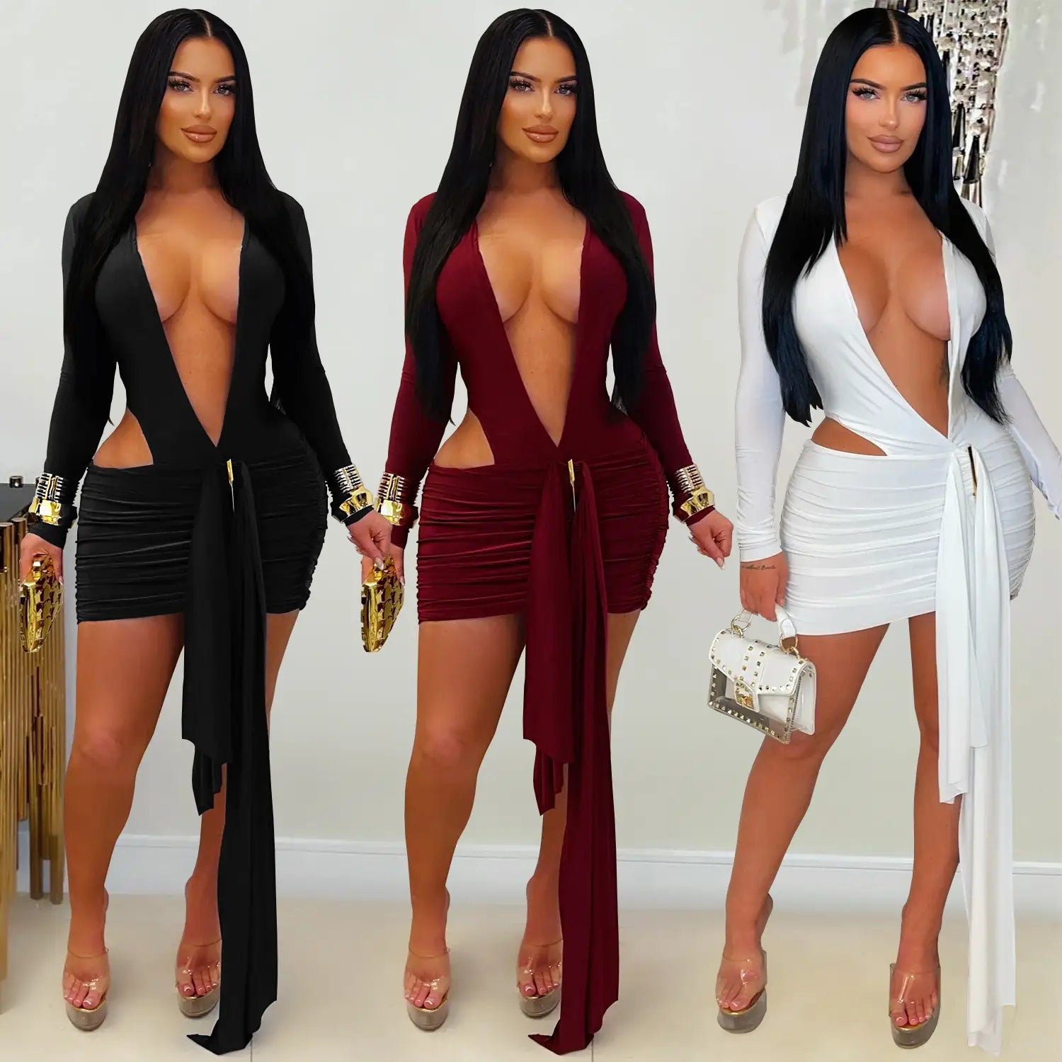 Fashion Women's Sexy Deep V Neck Solid Color Ribbon Dress Mini Dress