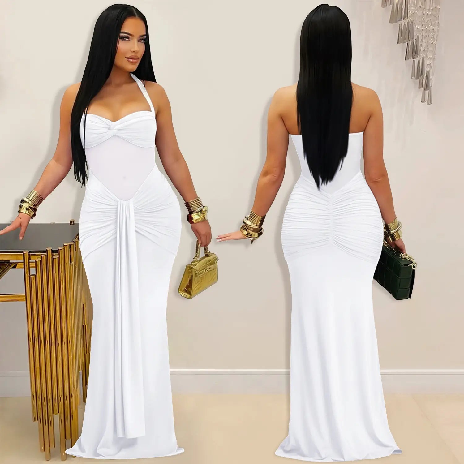 Fashion women’s sexy sheer mesh halter tie-back dress