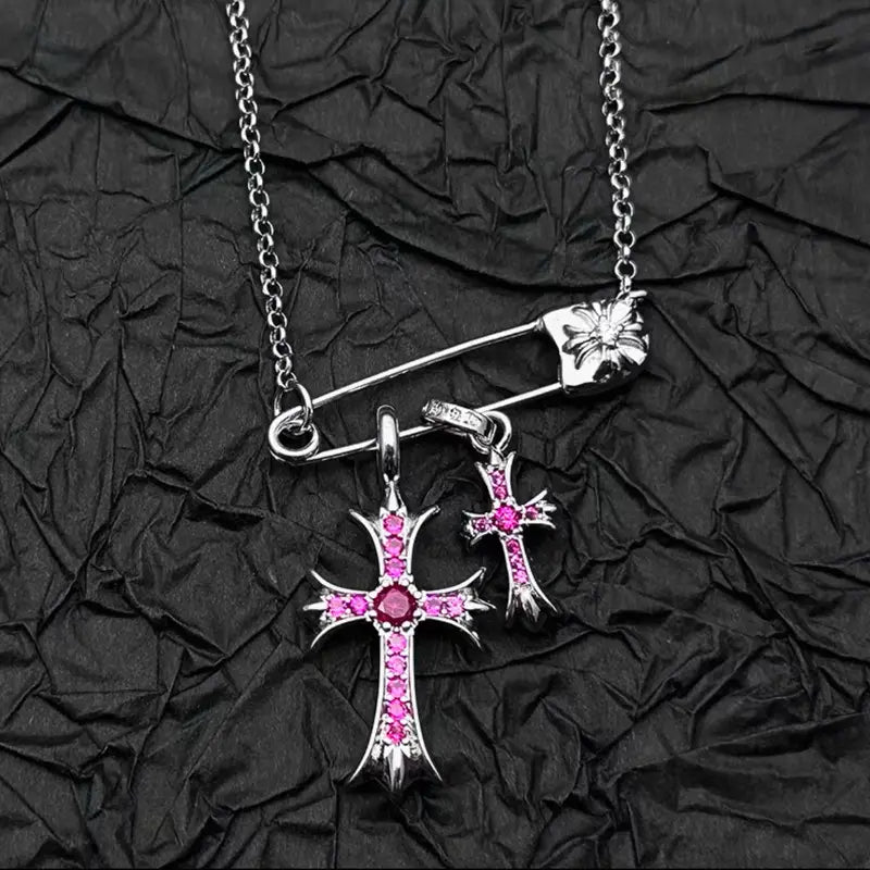 925 silver plated white gold rhinestone pin double cross pendant necklace for men and women european and american style
