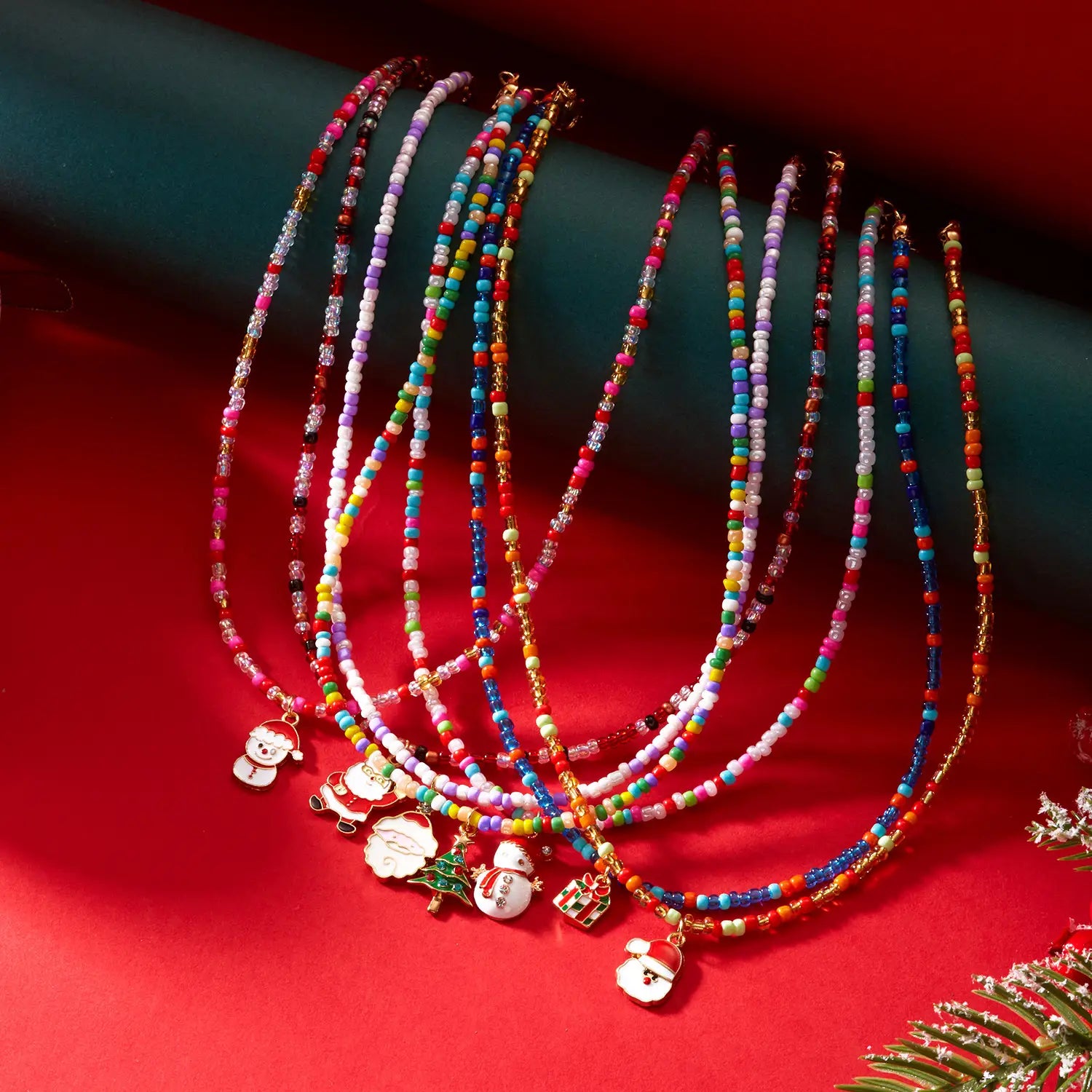 Christmas cartoon santa bell snowman snowflake pendant colorful seed bead necklace for women