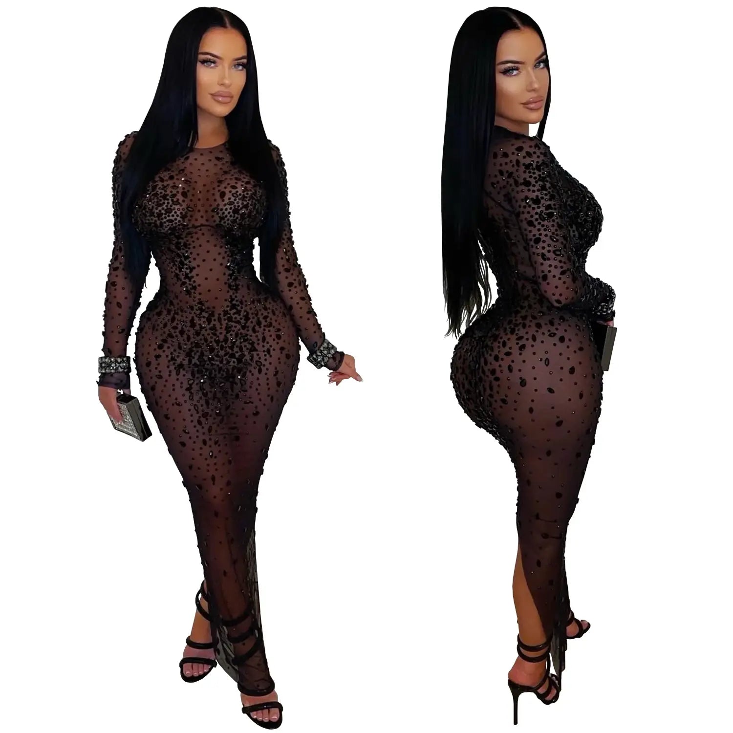 Sexy Sheer Mesh Rhinestone Bodycon Dress