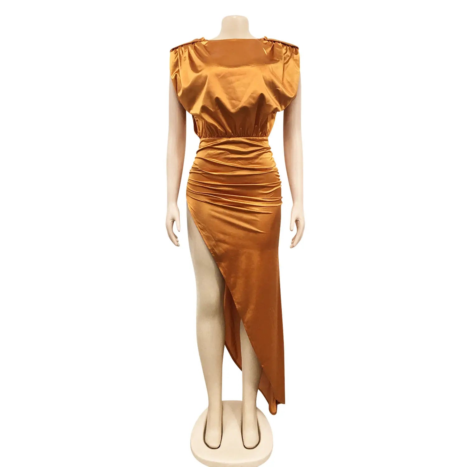 Fashion solid color women’s round neck sleeveless pleated asymmetrical slit long dress