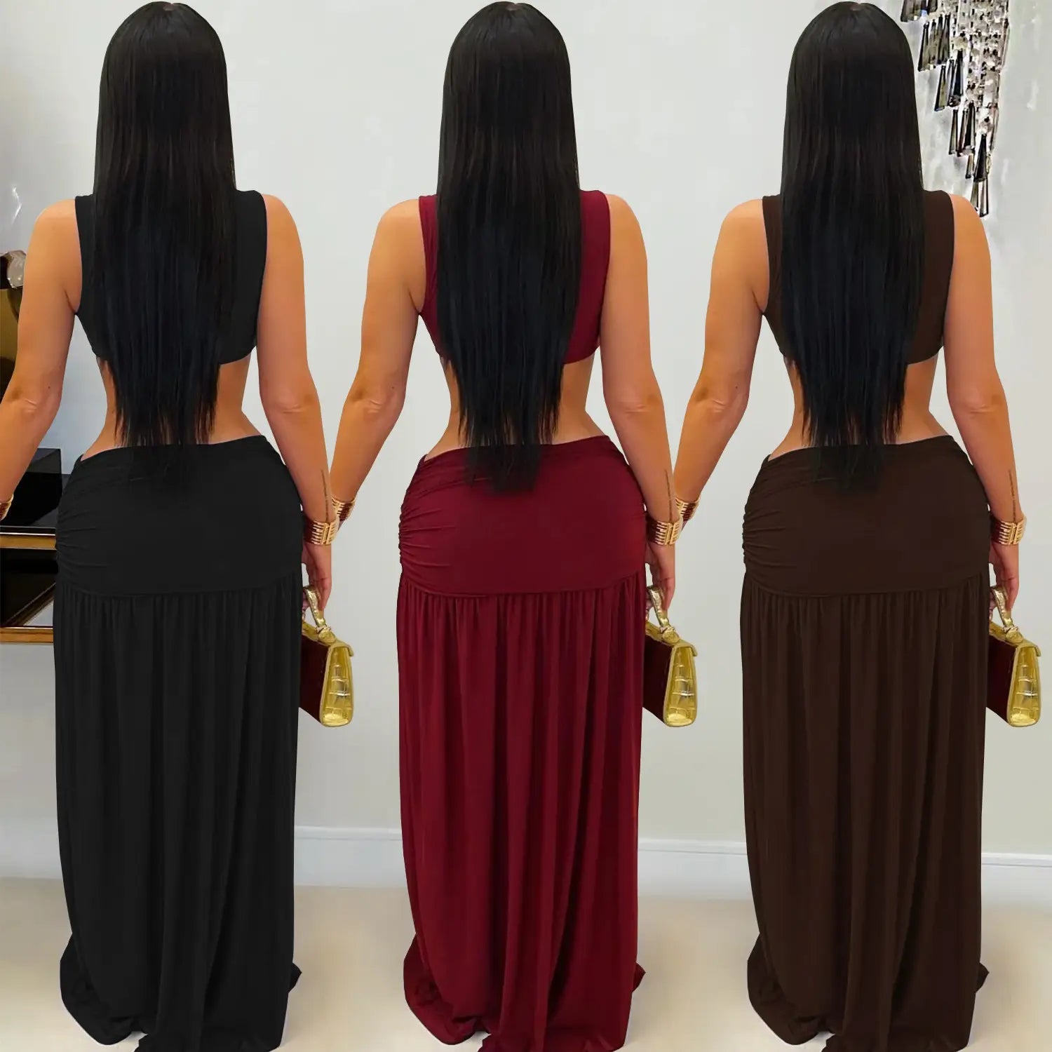 Fashion women’s sexy solid color sleeveless crop open fork dress