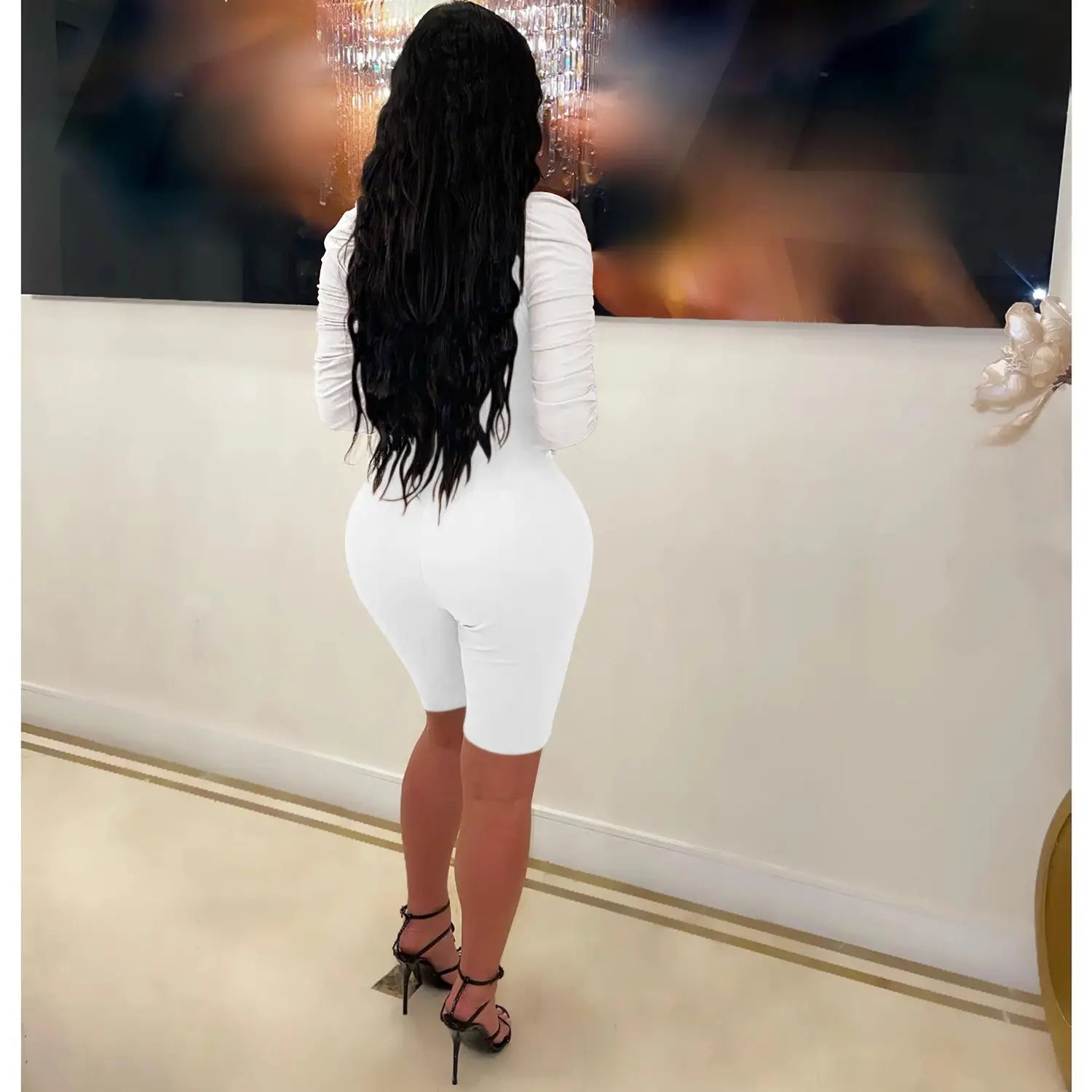 Fashion women’s solid color long sleeve short pants mesh sheer jumpsuit