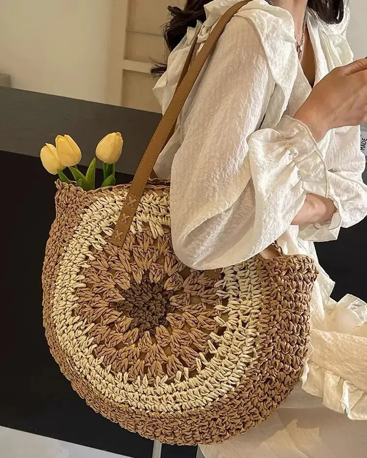 Paper rope hollow out colorful round plate grass woven bag casual beach bag one shoulder fashionable woven bag