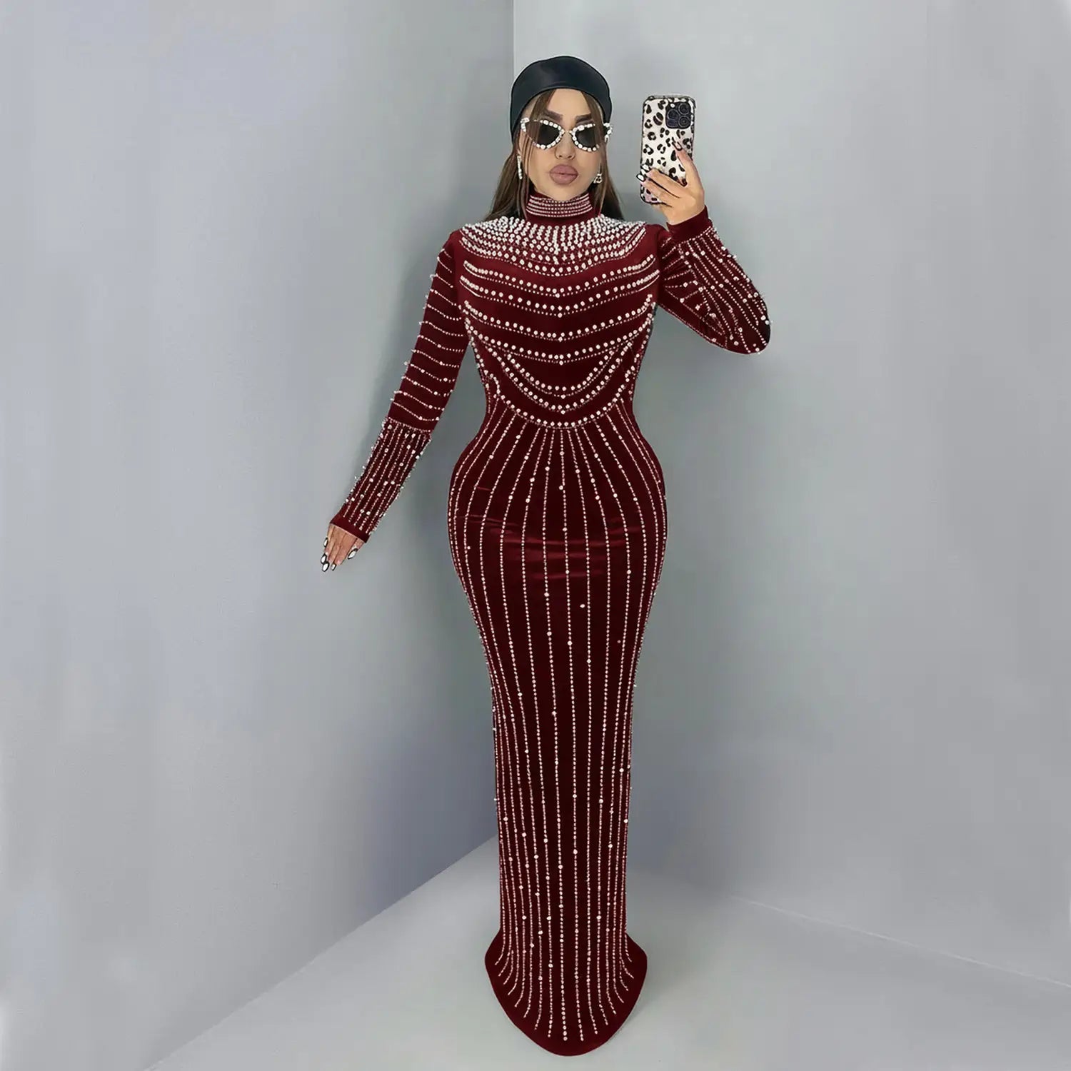 Elegant Velvet Embellished Long Sleeve Dress for Women Fashion Style Casual Occasion