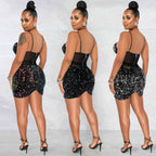Fashion Sexy Sleeveless Sequin Mesh Sheer Zipper Midi Dress