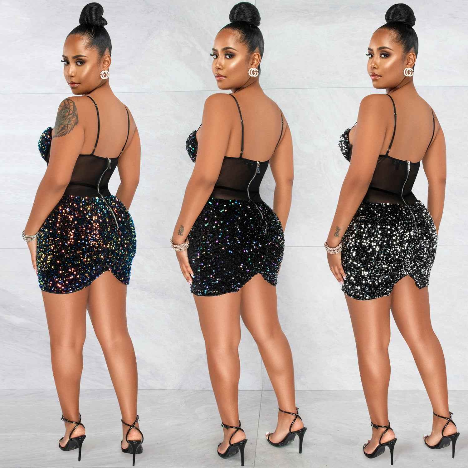 Fashion Sexy Sleeveless Sequin Mesh Sheer Zipper Midi Dress
