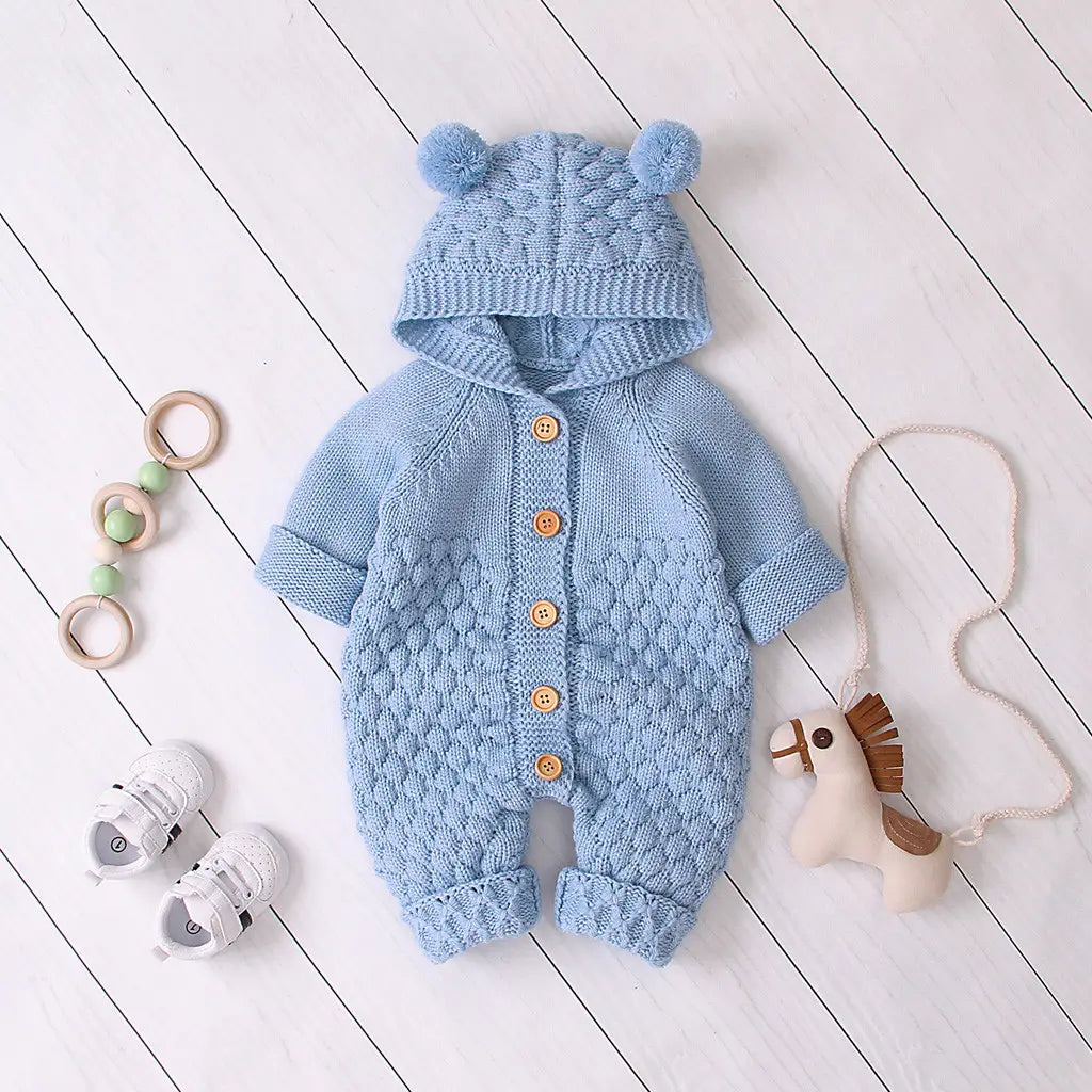 Children’s three-dimensional fur ball hooded solid color knitted jumpsuit