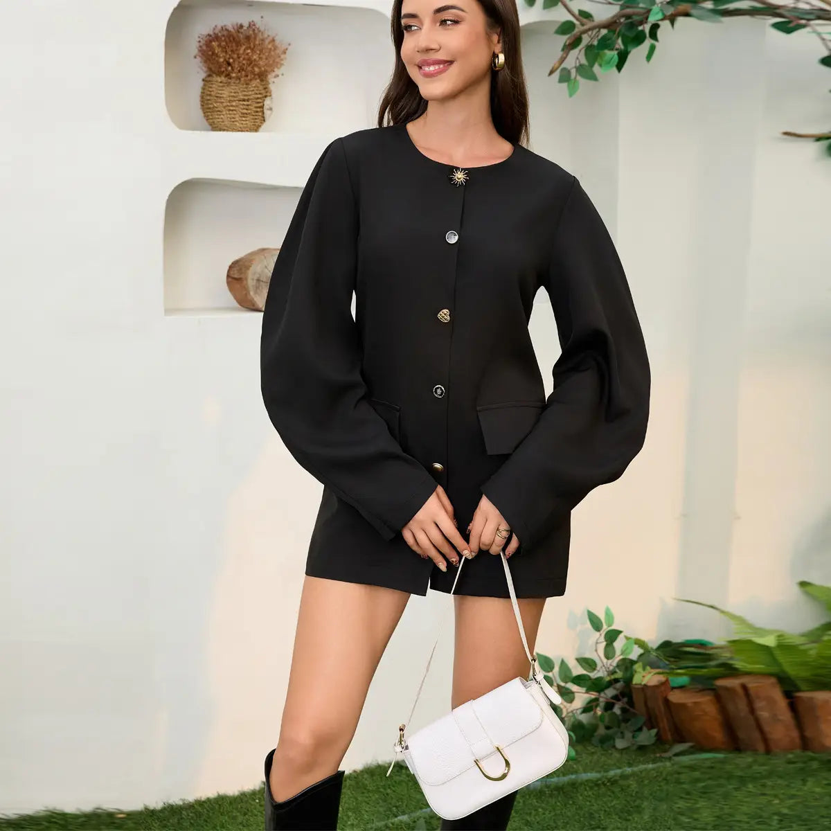 Chic Bubble Sleeve Suit Jacket with Buttoned Waist and Round Neck Dress, Autumn/Winter Fashionable Casual Dress