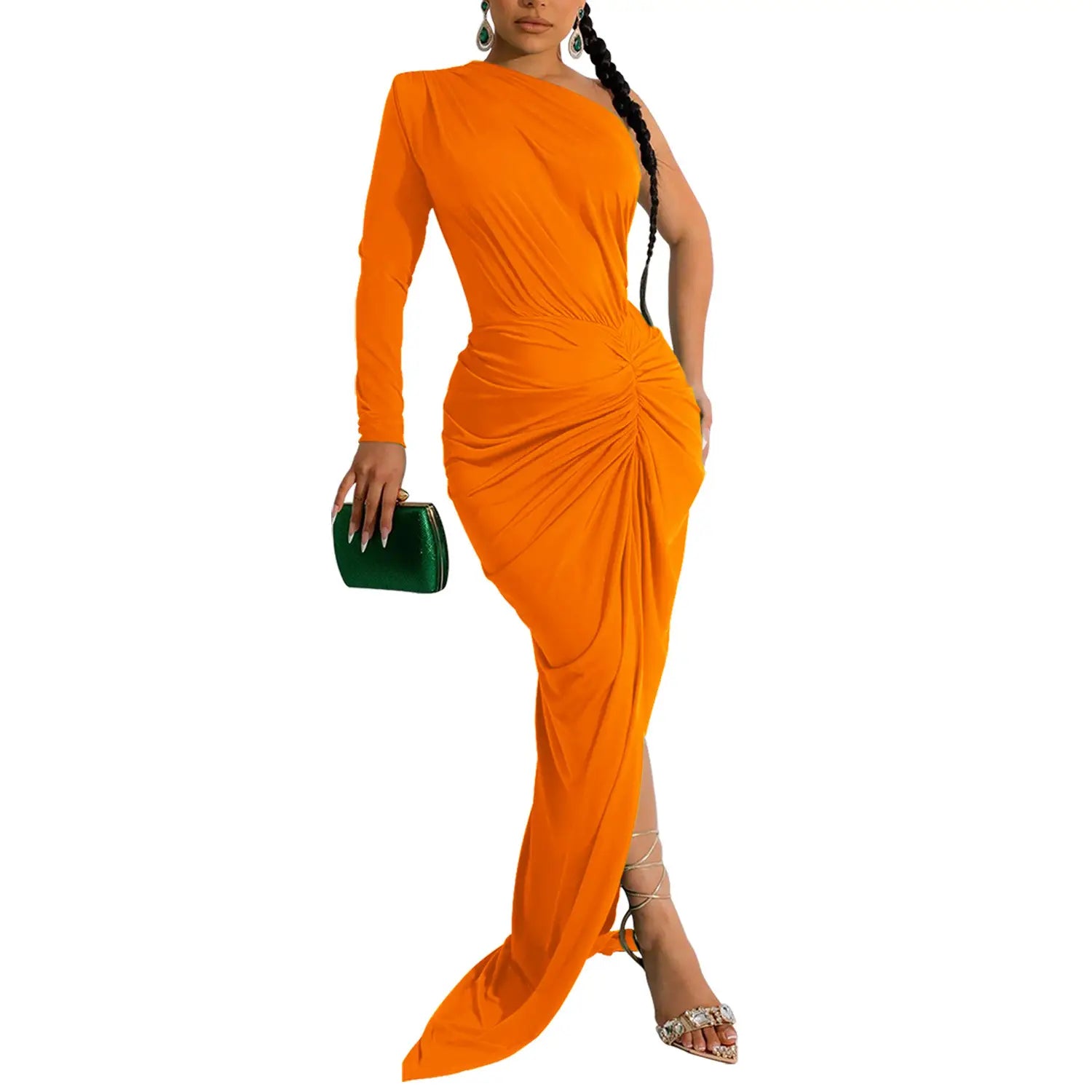 Fashion women’s solid color asymmetrical neck single long sleeve long dress with pleats