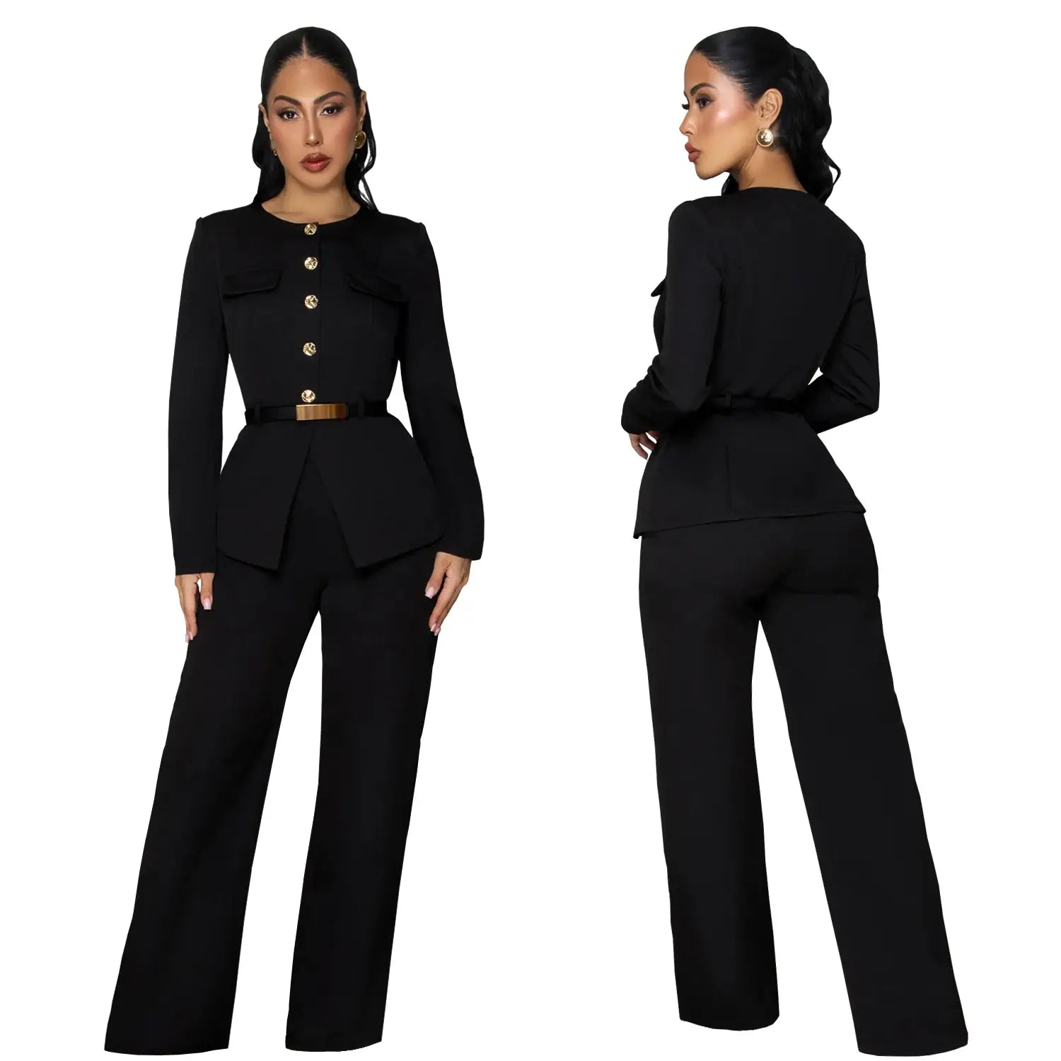 Fashionable women’s slimming belted top and pants set
