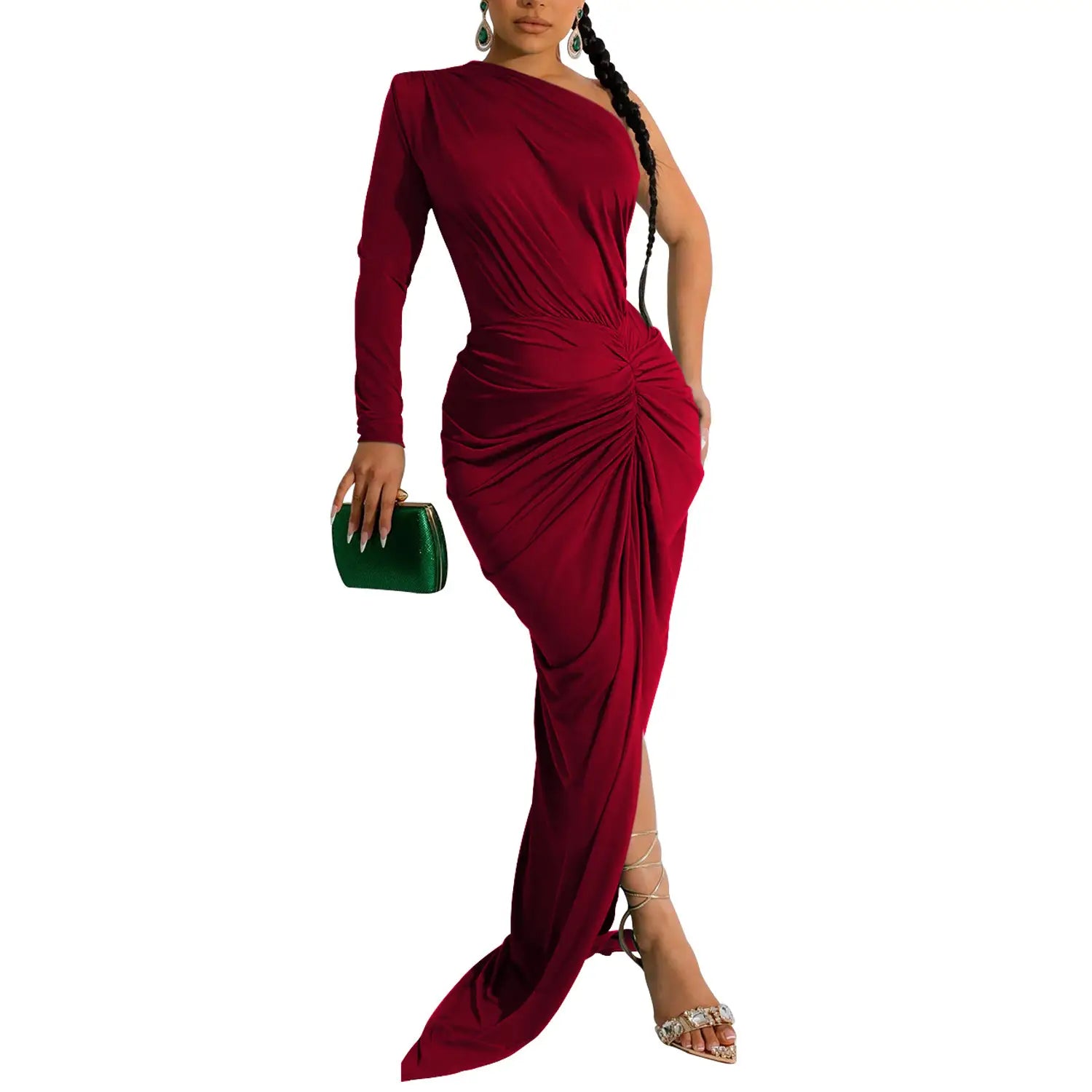 Fashion women’s solid color asymmetrical neck single long sleeve long dress with pleats