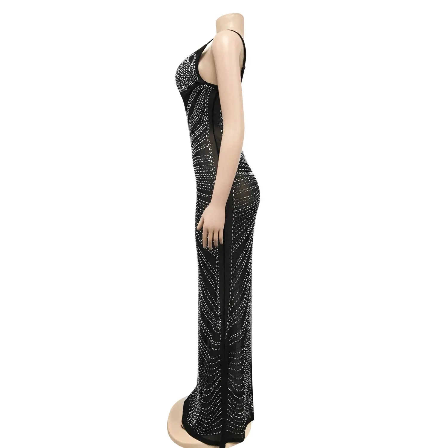 Fashion sexy beaded strapless sheer mesh long dress