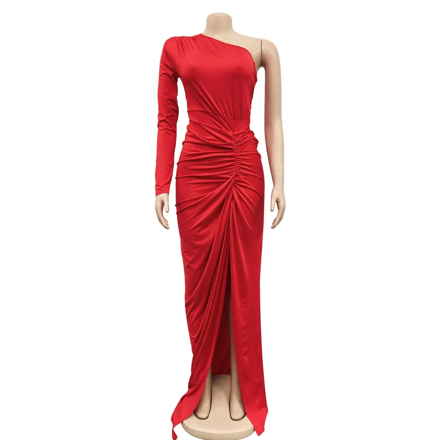 Fashion women’s solid color asymmetrical neck single long sleeve long dress with pleats
