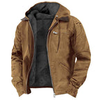 Casual Solid Color Hooded Cotton Jacket with Fleece Lining and Zipper Pockets for Men