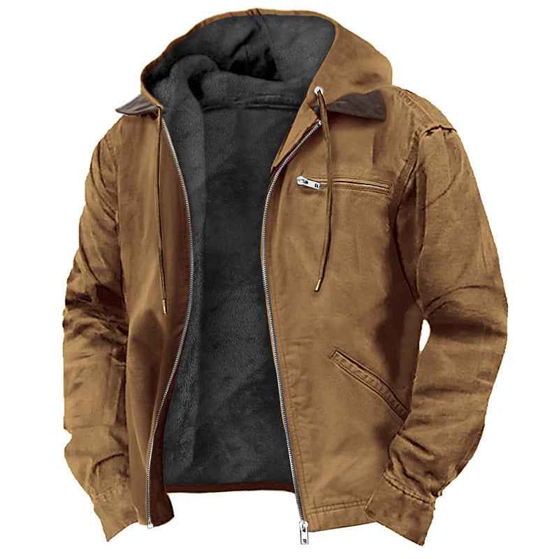 Casual Solid Color Hooded Cotton Jacket with Fleece Lining and Zipper Pockets for Men