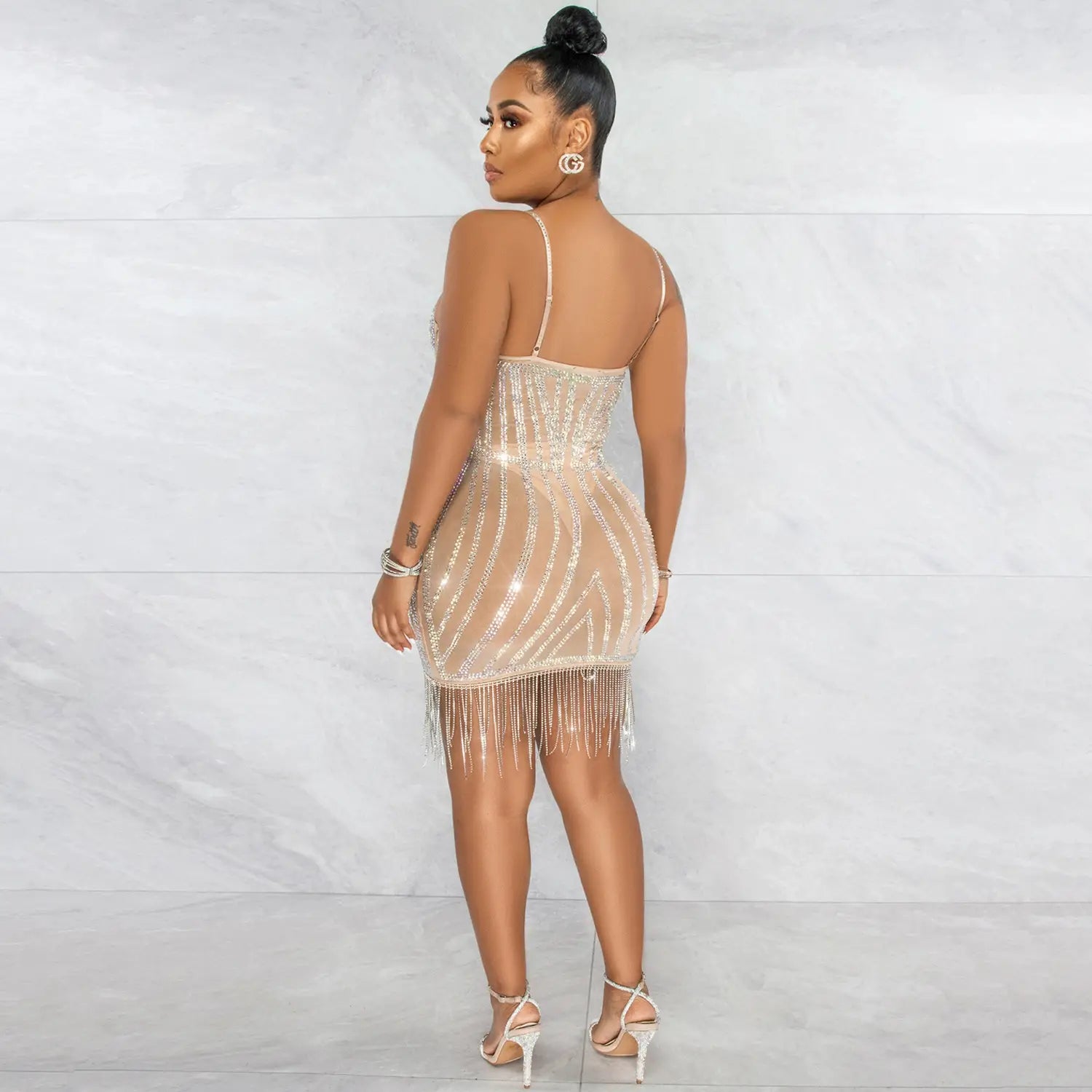 Sexy embellished strapless sleeveless crop top dress with fringe details