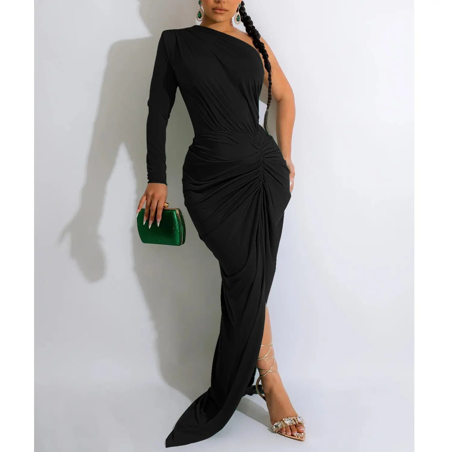 Fashion women’s solid color asymmetrical neck single long sleeve long dress with pleats