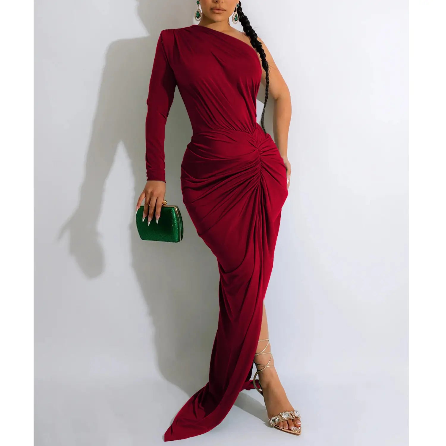 Fashion women’s solid color asymmetrical neck single long sleeve long dress with pleats