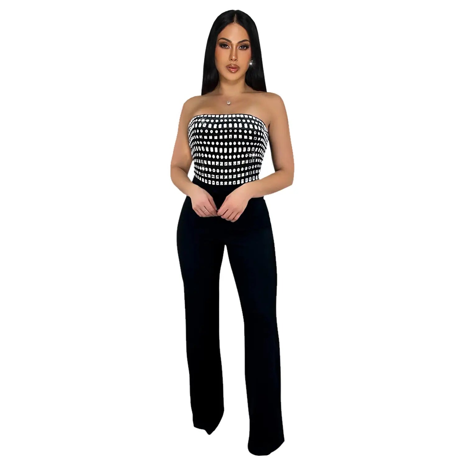 Style summer rhinestone bodysuit sexy strapless unique straight fit solid color long pants for women