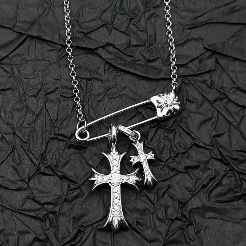 925 silver plated white gold rhinestone pin double cross pendant necklace for men and women european and american style