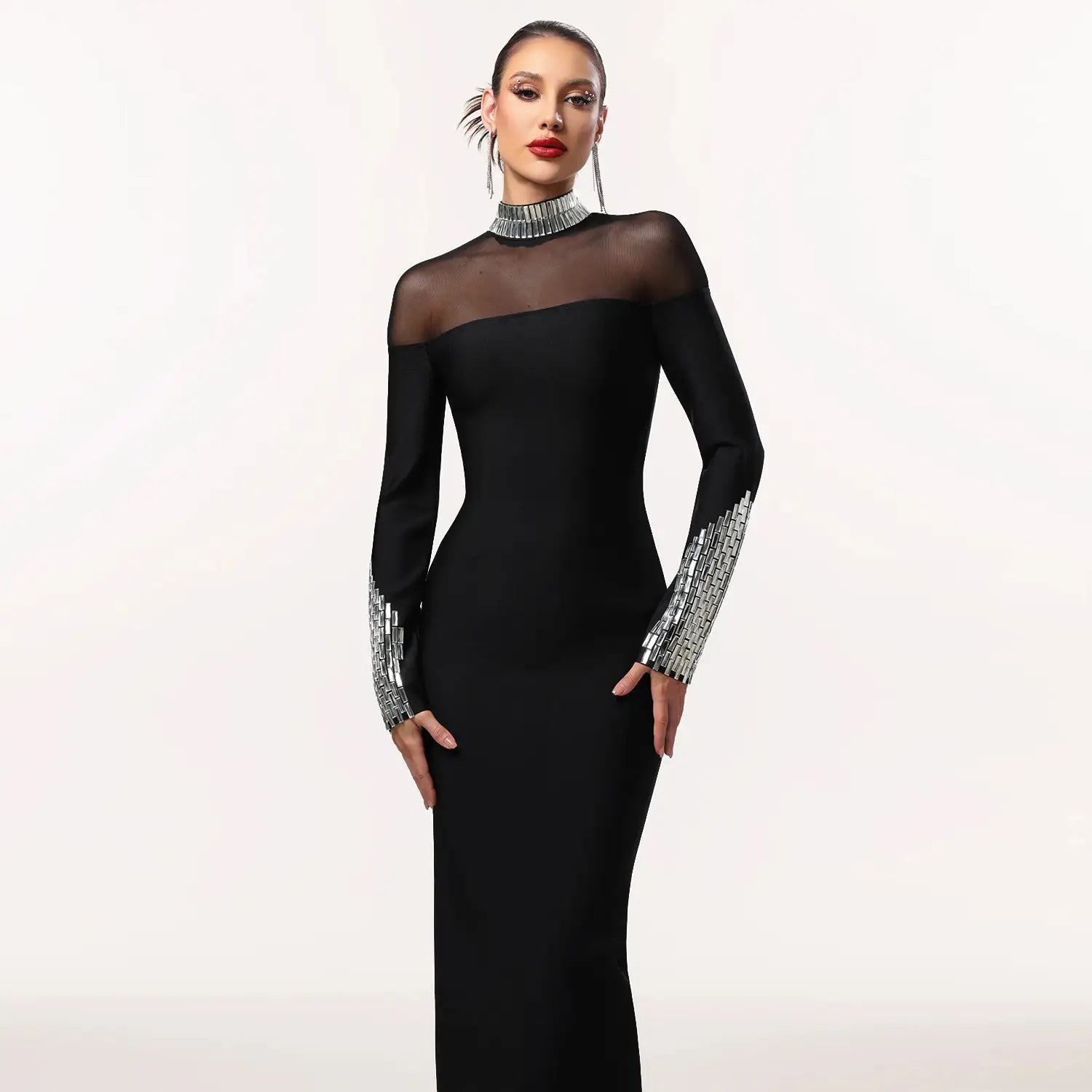 Elegant high neck long sleeve fitted sequined dress for women