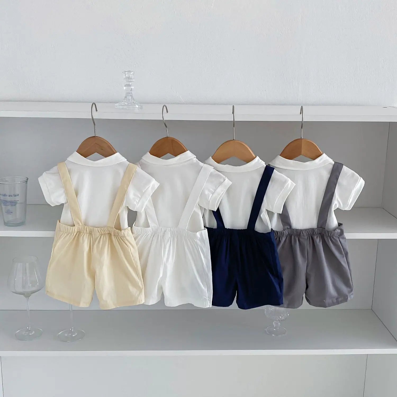 Summer baby hoodie tie suspender shorts two-piece set for gentlemen’s one month and one year old dress suspender pants