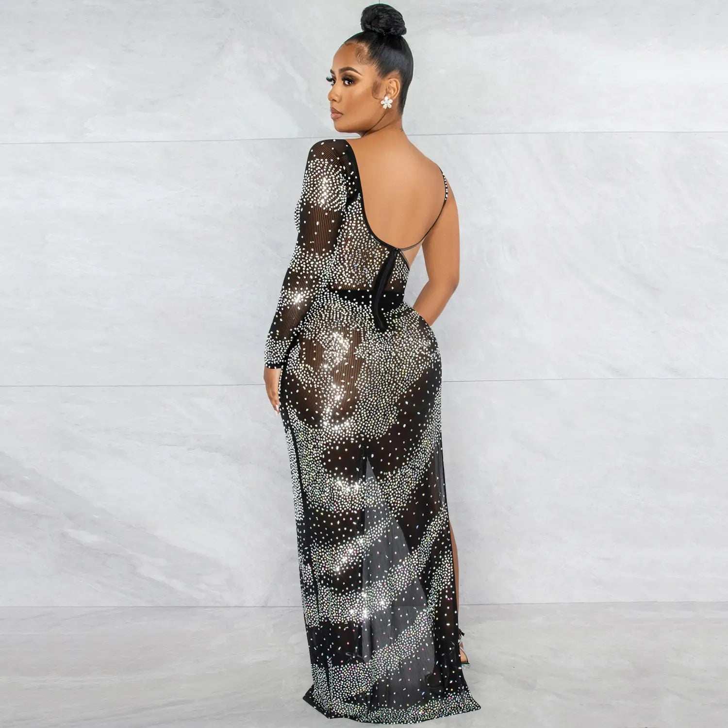 Fashion sexy nightclub rhinestone single long sleeve irregular slit maxi dress
