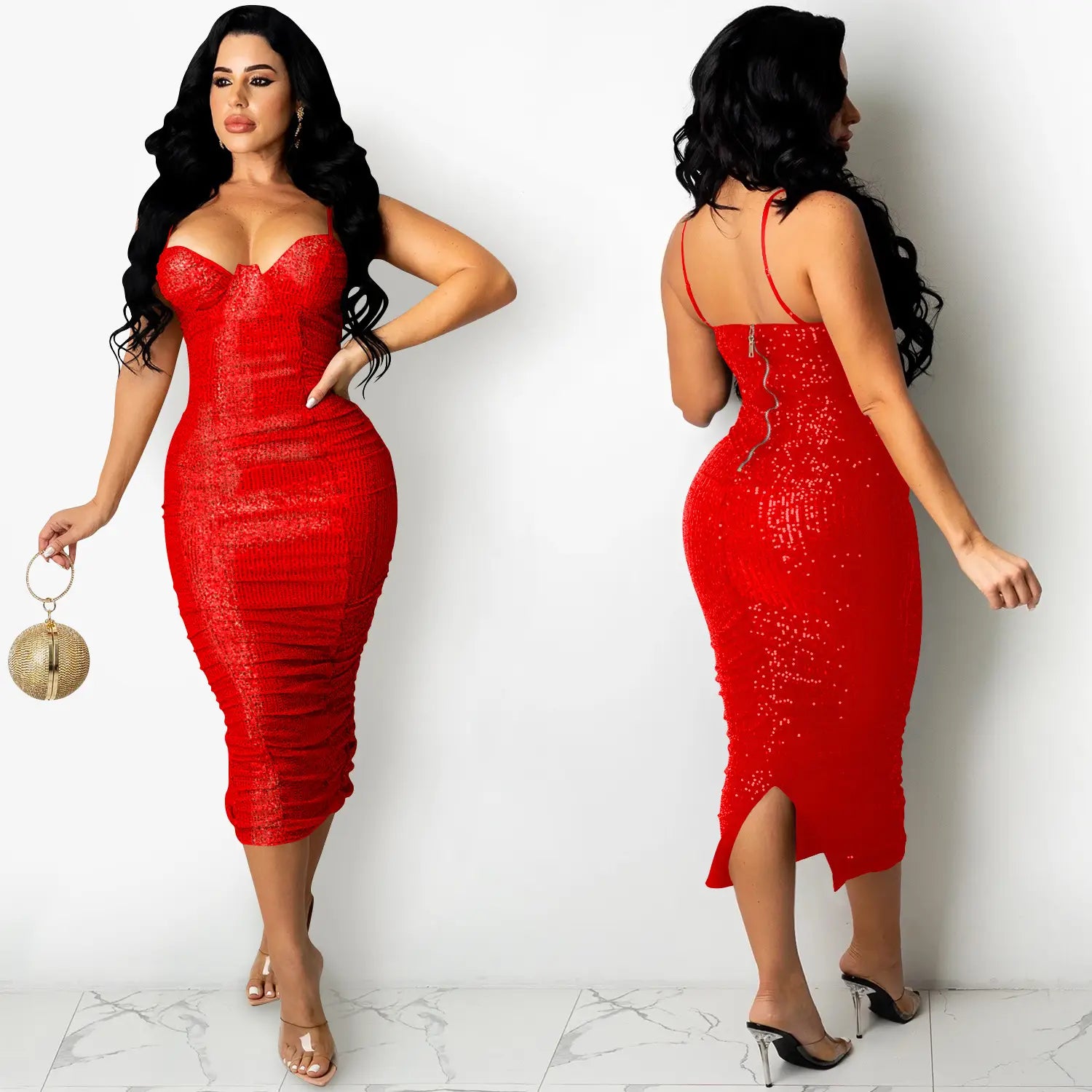 Fashionstyle sequin sexy strap split long dress for women