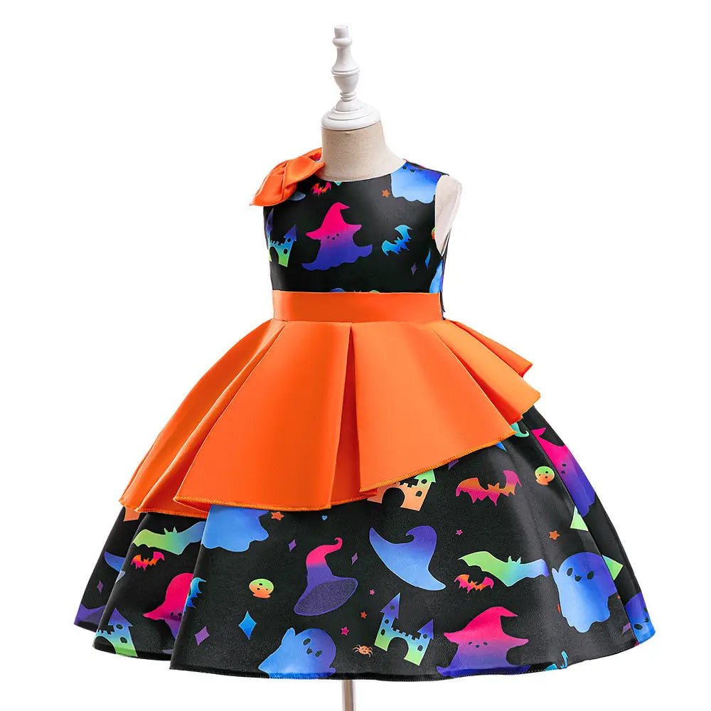 Halloween Princess Dress for Girls, Sleeveless Satin Formal Gown with Bowknot Tulle Skirt