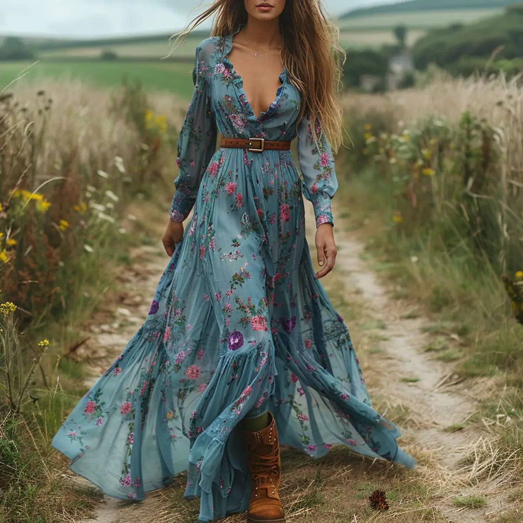 Style Autumn Vintage Floral V-Neck Long Sleeve Long Dress Country Cottage Vintage Dress