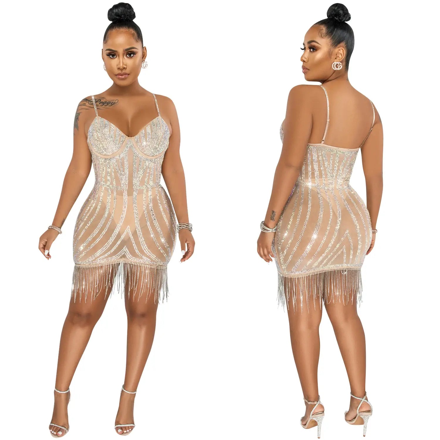 Sexy embellished strapless sleeveless crop top dress with fringe details