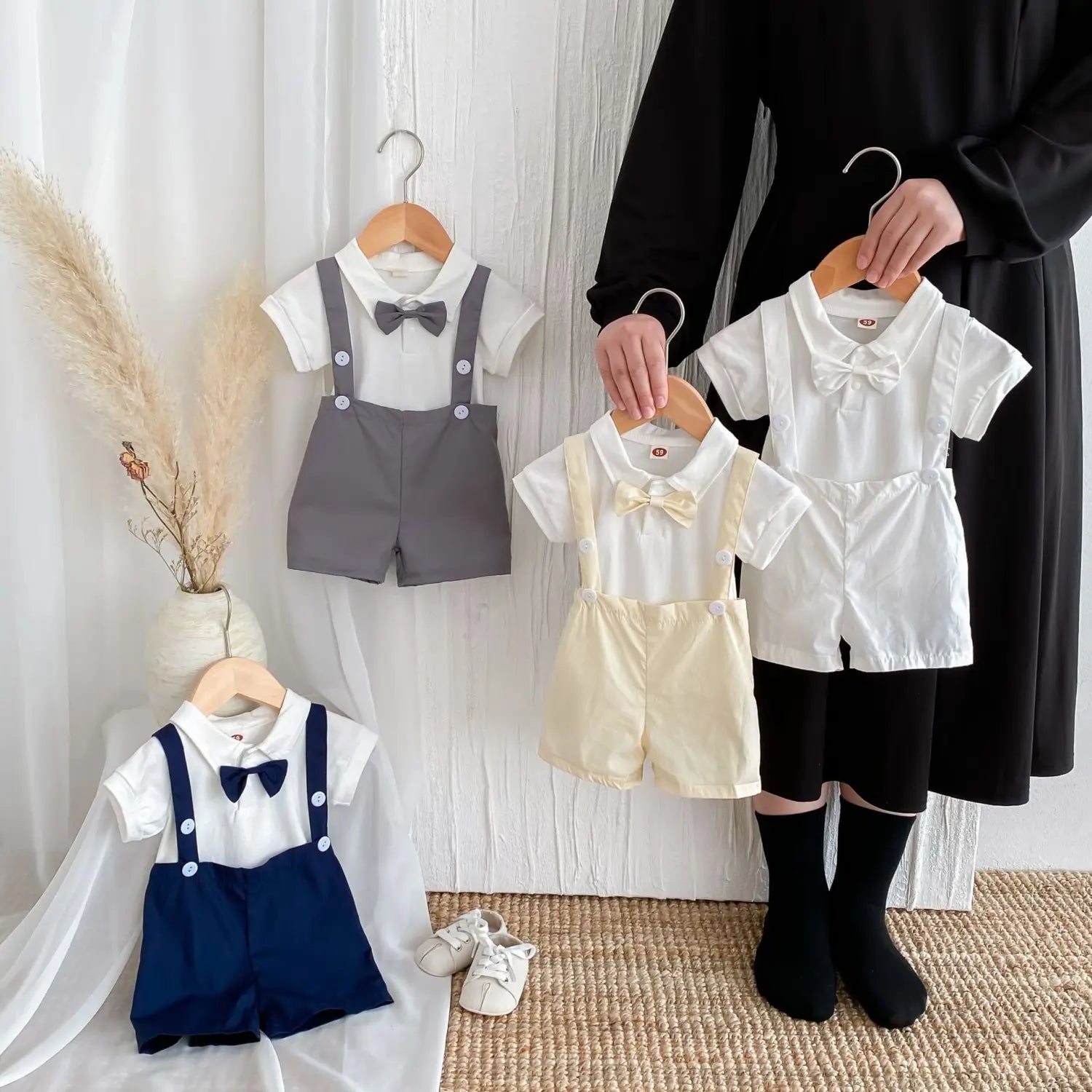 Summer baby hoodie tie suspender shorts two-piece set for gentlemen’s one month and one year old dress suspender pants