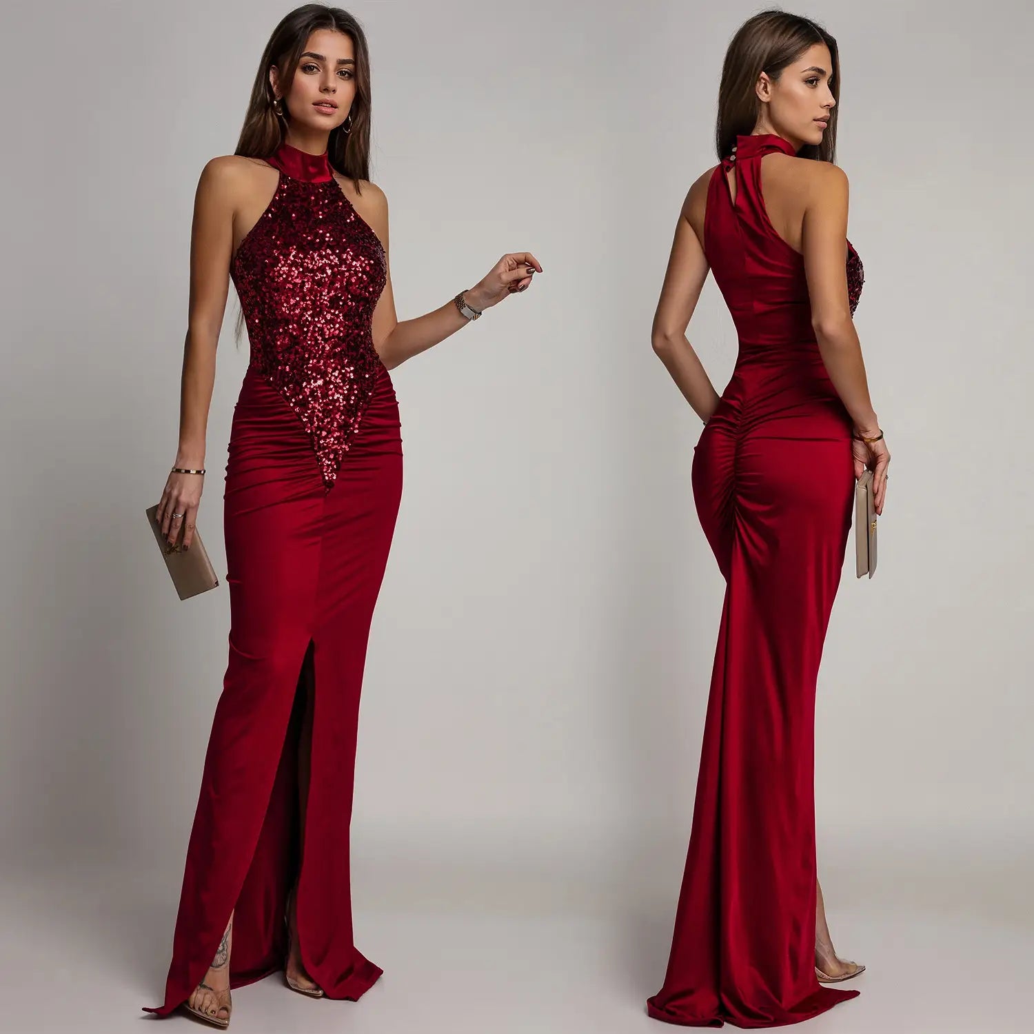 Fashion women’s sexy fitted sequin velvet split dress