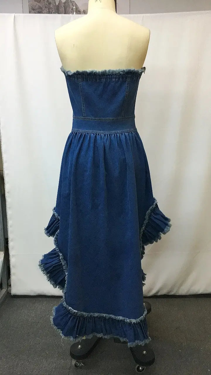 Retro Fashion Off-Shoulder Front Short Back Long Ruffle Mid-Length Denim Dress