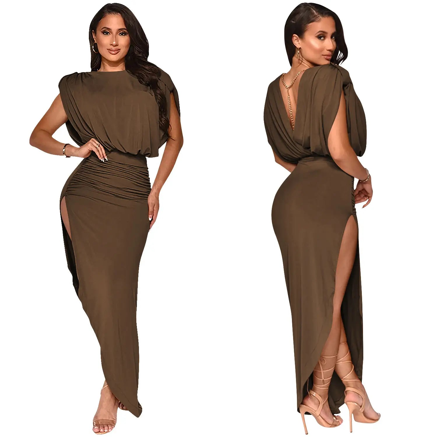 Fashion solid color women’s round neck sleeveless pleated asymmetrical slit long dress