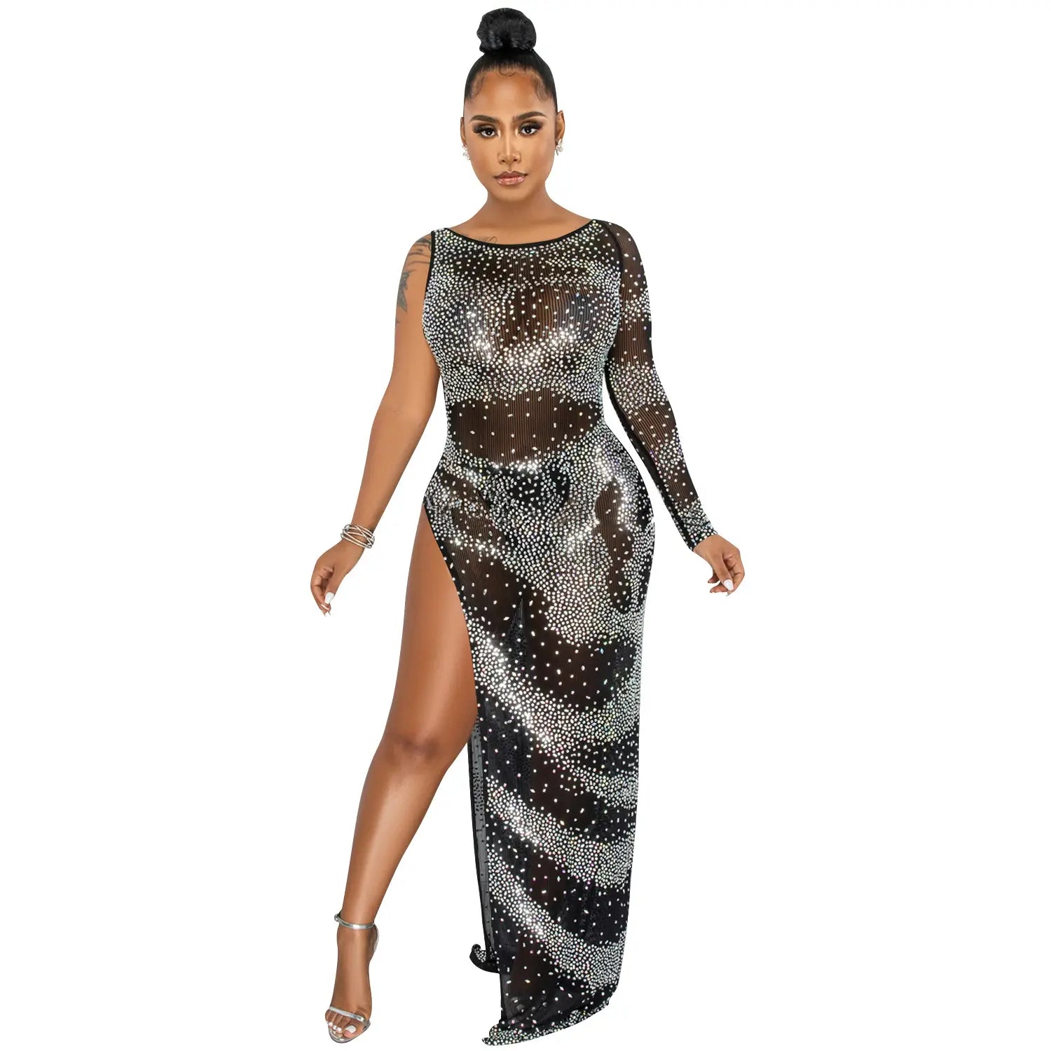 Fashion sexy nightclub rhinestone single long sleeve irregular slit maxi dress