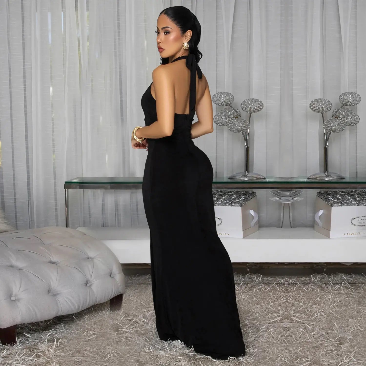 Fashion women’s sexy backless halter deep v neck solid color dress