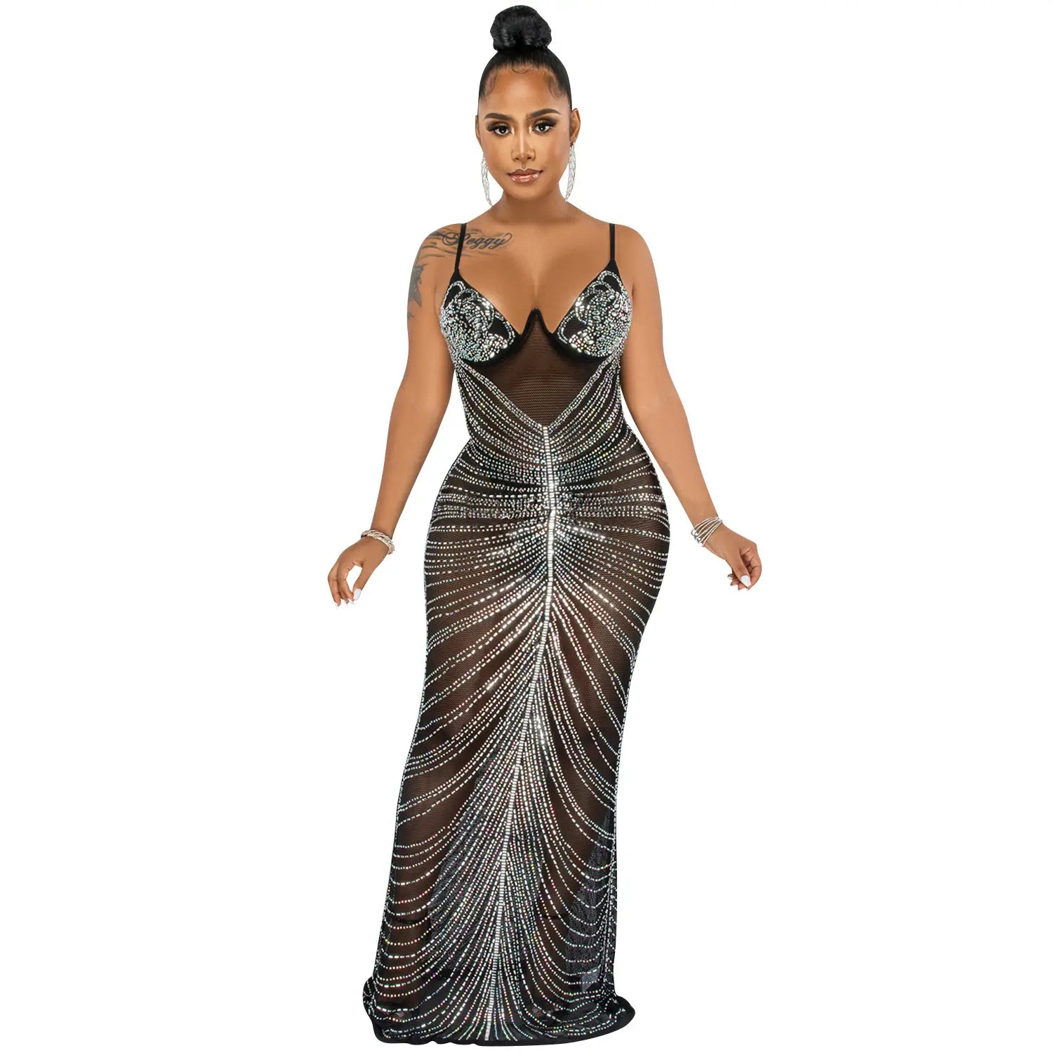 Fashion sexy beaded strapless sheer mesh long dress