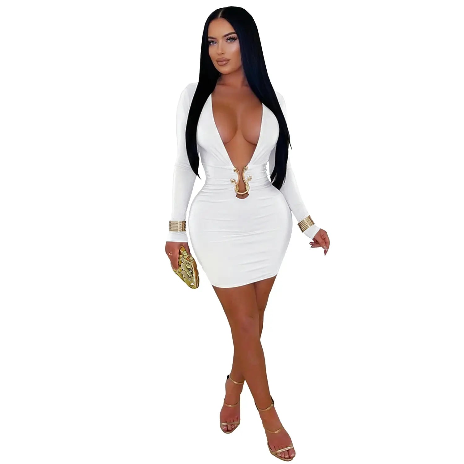 Fashionable women’s sexy deep v-neck bodycon dress with snake pattern accessories